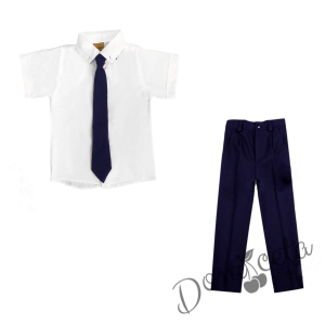 Комплект от 3 части панталон и вратовръзка в тъмносиьно и риза с къс ръкав в бяло 1