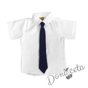 Детска риза в бяло с къс ръкав и вратовръзка в тъмносиньо 1