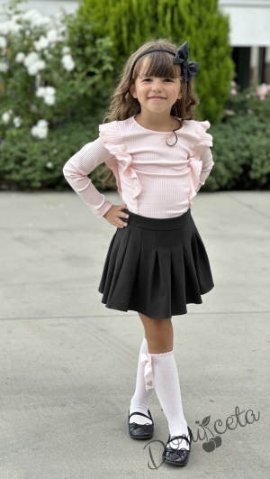 Комплект от пола в черно Ния и блуза с дълъг ръкав розово с къдрички