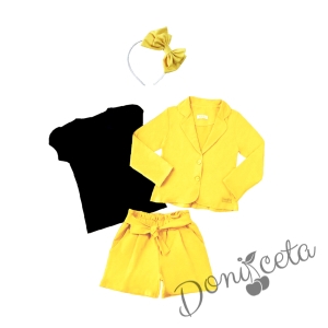 Детски комплект от 4 части - къси панталонки и сако в жълто с тениска в черно и диадема в жълто