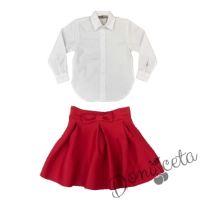 Комплект от пола в червено с панделка и риза с дълъг ръкав с в бяло Анди 1