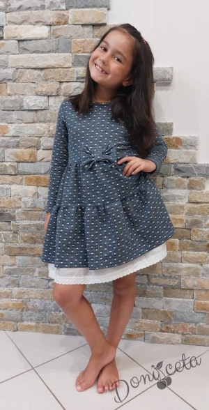 Детска рокля в тъмносиньо на бели точки с дантела Сияйна 1