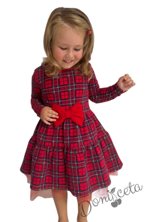 Детска рокля с дълъг ръкав в червено каре с панделка 2