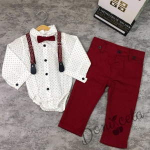 Комплект от боди-риза в бяло на орнаменти, панталон, тиранти и папийонка в бордо