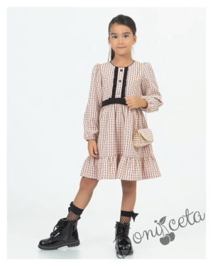 Детска рокля в бежово каре с чантичка Полина 1
