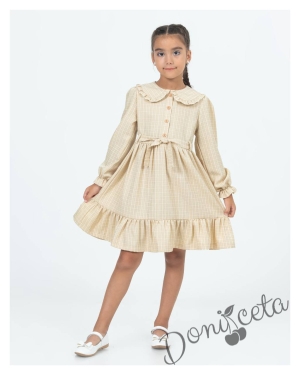 Детска рокля в бежово каре с чантичка Паулина 1