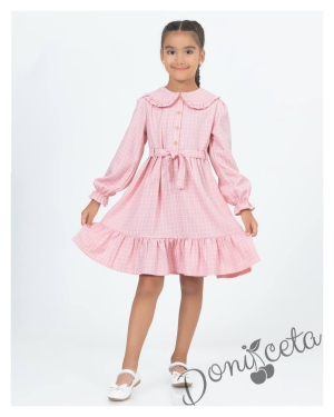 Детска рокля в розово каре с чантичка Паулина 1