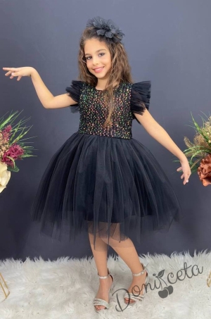 Официална детска рокля с къс ръкав Набел в черно с пайети и панделка за коса 1