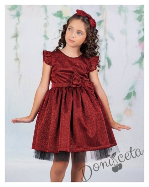 Официална детска рокля с къс ръкав брокат Канди в бордо 1