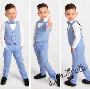 Официален комплект за момче  в светлосиньо от 4 части панталон , елек , риза в бяло, и папийонка 1