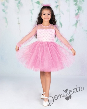 Официална детска рокля с дълъг ръкав от тюл на точки с панделка и фиба за коса в розово Росана