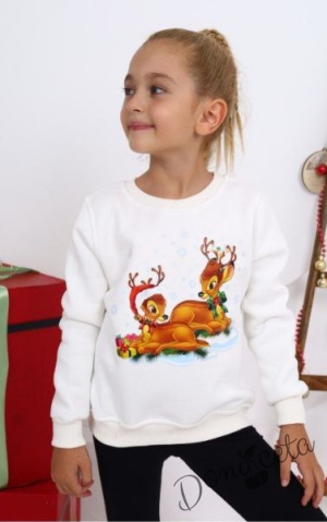 Коледна ватирана блуза за момиче с две еленчета в бяло 1
