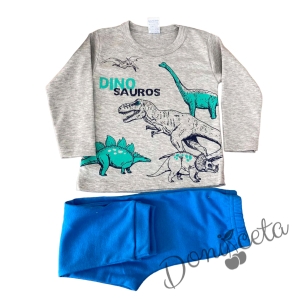 Детска пижама  за момче с дълъг ръкав в светлосиньо и сиво с динозаври 1