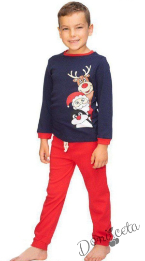 Пухкава пижама за момче в тъмносиньо и червено с Дядо Коледа, еленче и пингвинче 1
