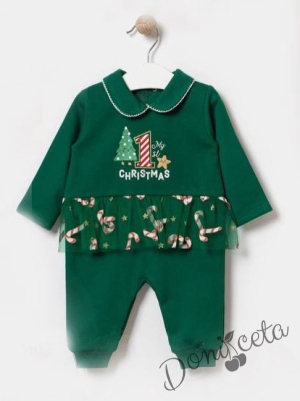 Коледен бебешки гащеризон за момиче в зелено с коледни мотиви и тюл на кръста с близалки 1