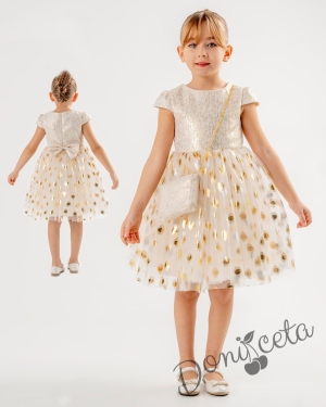 Детска официална рокля в екрю с дантела и златисто с тюл пола на точки и аксесоар чанта 1