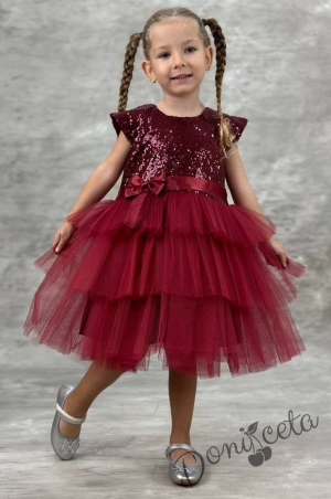 Детска официална рокля Хава в бордо от пайети и тюл на 3 пласта