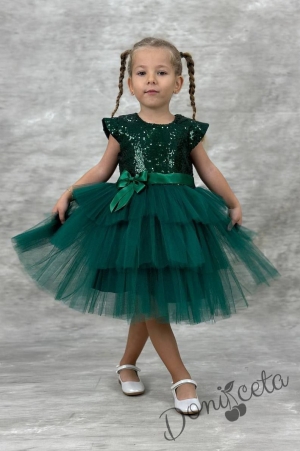 Детска официална рокля Хава в тъмнозелено от пайети и тюл на 3 пласта