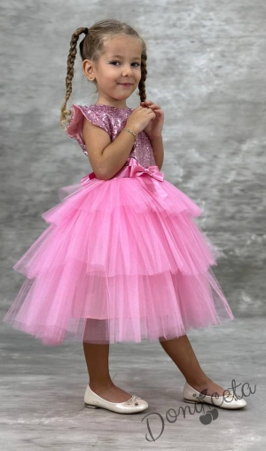 Детска официална рокля Хава в розово от пайети и тюл на 3 пласта