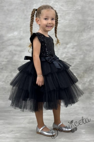 Детска официална рокля Хава в черно от пайети и тюл на 3 пласта