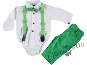 Бебешки комплект от панталон в зелено, боди-риза в бяло, тиранти и папийонка в зелено 8512133400 1