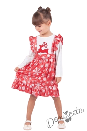 Бебешки/детски коледен комплект от блуза в бяло с еленче и червен сукман на бели снежинки 1
