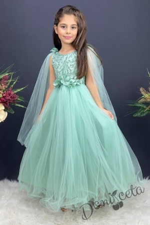 Официална дълга детска рокля от тюл Денис с 3D цветя и елементи в горната част и тюлени воали в тюркоаз/мента 1