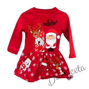 Коледна детска рокля в червено с еленче с подаръци и Дядо Коледа 454345003 1