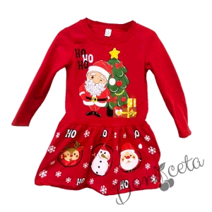 Коледна детска рокля в червено с Дядо Коледа с подаръци и елха 454345004 1