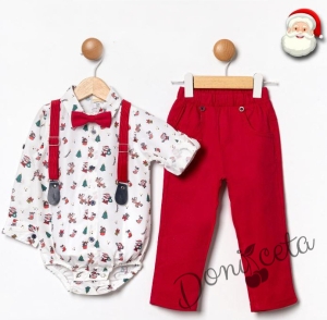 Бебешки комплект от панталон в червено с тиранти и папийонка и боди-риза в бяло с коледни орнаменти 001205533 1