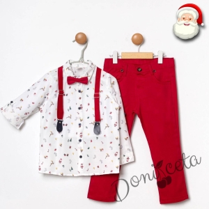 Коледен комплект за момче от риза в бяло с коледи мотиви и панталони в червено с тиранти и папийонка 540054032 1