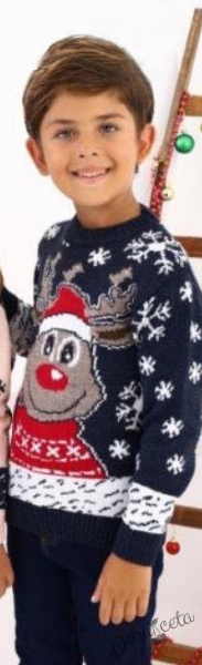 Детски коледен пуловер в тъмносиньо с коледни мотиви и еленче с шапка 998800113 1