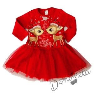 Коледна детска/бебешка рокля в червено с тюл с две сърни 1