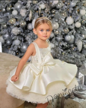 Официална детска рокля от богат тюл и сатен без ръкав в екрю с голяма панделка и фиба за коса Сесилия 1