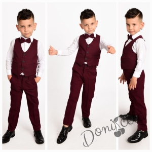Официален костюм в бордо за момче от 4 части елек, риза в бяло, панталон и папийонка 21100369 1