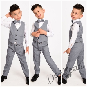 Официален костюм в сиво за момче от 4 части елек, риза в бяло, панталон и папийонка 21100370 1