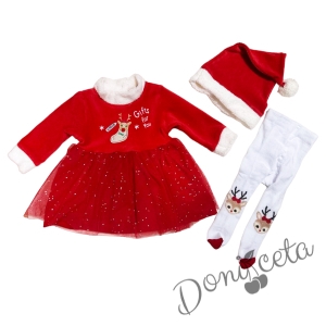 Бебешки комплект комплект за момиче от 3 части, рокля с елен, шапка и чорапогащник с еленчета 1