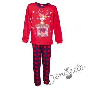 Детска/дамска коледна пижама  в червено с каре и с еленче 987008564 1