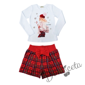 Детски комплект от къси панталонки в червено каре и блуза в бяло с коледна картинка на момиче