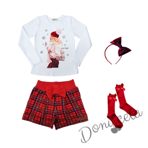 Детски комплект от 4 части - къси панталонки в червено каре, блуза в бяло, диадема каре и чорапи в червено 1