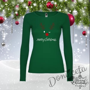 Дамска блуза с дълъг ръкав в зелено Весела Коледа с елен 1