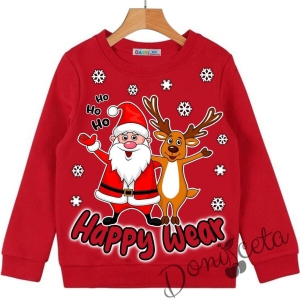 Коледна леко ватирана блуза в червено с дълъг ръкав с Дядо Коледа, еленче и надпис 57700173 1
