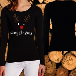 Дамска блуза с дълъг ръкав в черно Весела Коледа с елен 1