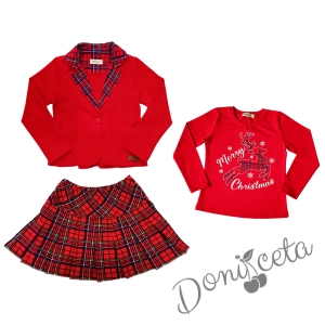 Детски комплект за момиче от пола каре, сако в червено каре и блуза в червено с еленче и надпис 1