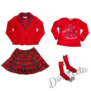 Детски комплект от 4 части - пола каре, сако в червено каре, блуза в червено с еленче и надпис  и чорапи в червено 1