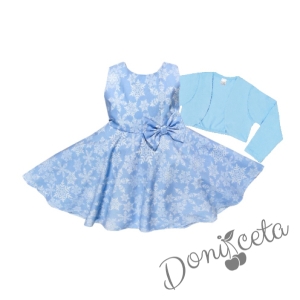 Детска коледна рокля в светлосиньо със снежинки в бяло и синьо памучно болеро 1