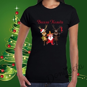 Дамска тениска в черно с весел Дядо Коледа и елени 1