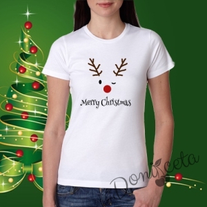 Дамска тениска в бяло с надпис Весела Коледа и елен 1