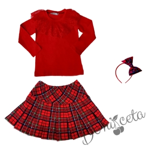 Детски комплект за момиче от 3 части - пола каре, блуза в червено с дълъг ръкав и дантела и диадема каре