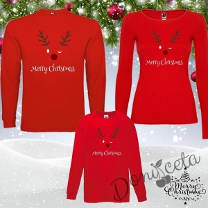 Комплект от блузи за Мама, Тате и Аз в червено с намигащ елен и надпис Весела Коледа 1